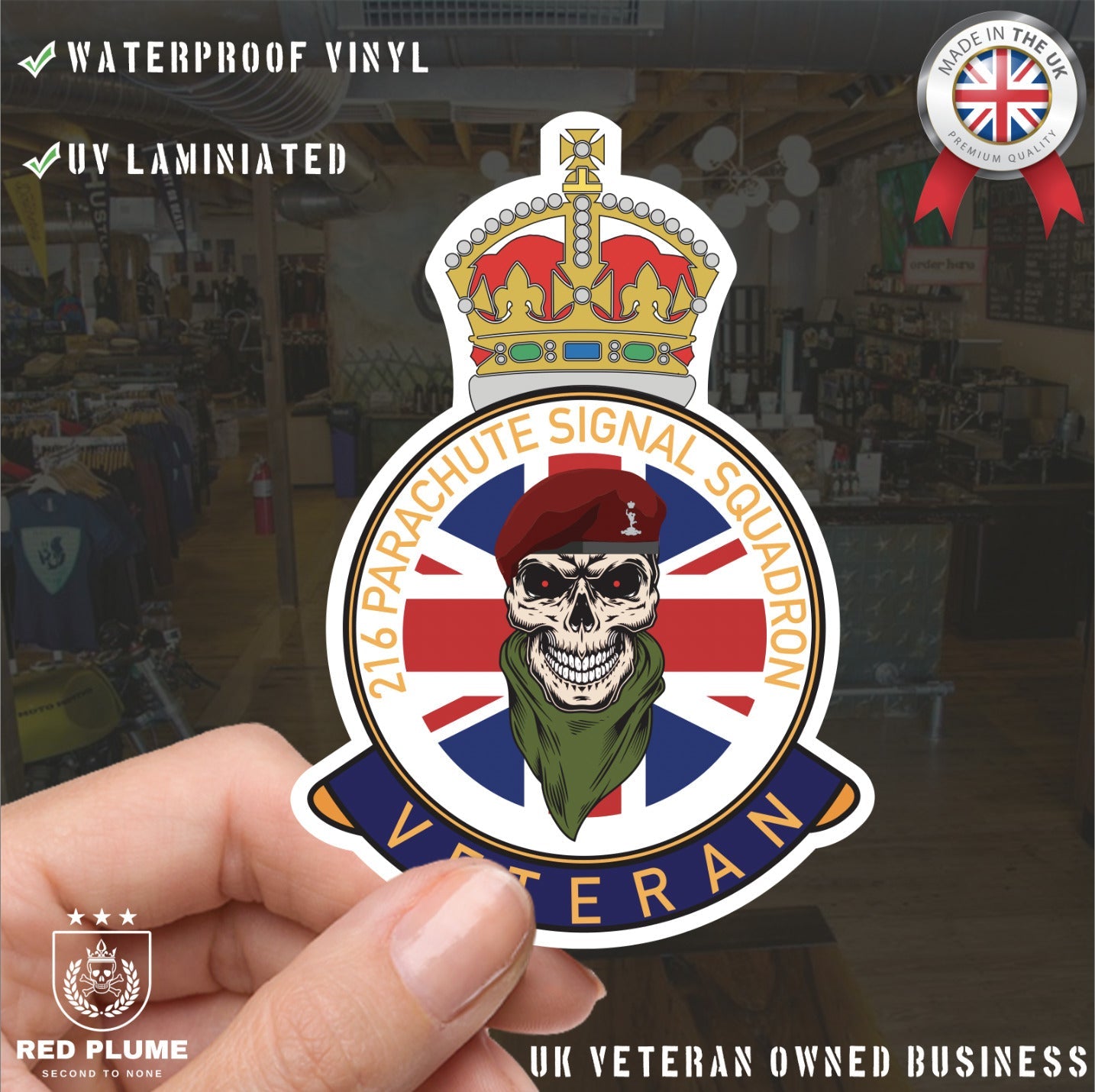 216 Parachute Signals Squadron Veteran UV Laminated Skull & Beret Decal redplume