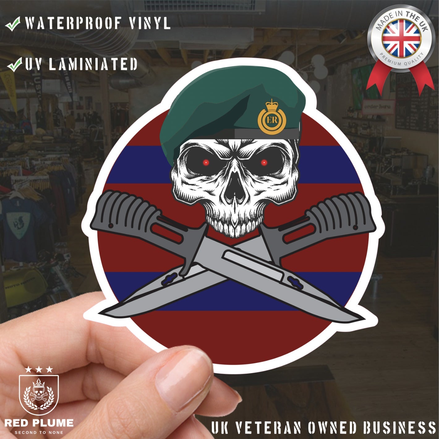 24 Commando Royal Engineers Car Decal - Skull and Crossed Bayonets Design redplume