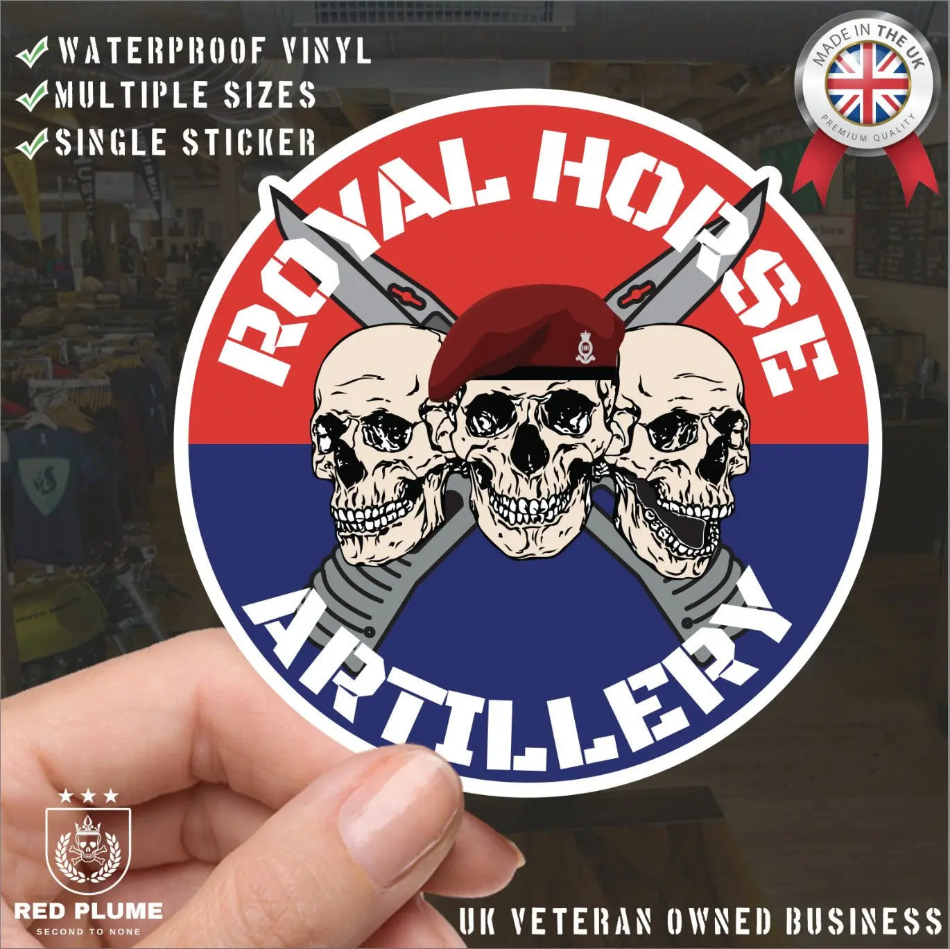 7 Royal Horse Artillery 7 RHA Waterproof Vinyl Stickers Three Skull Design redplume
