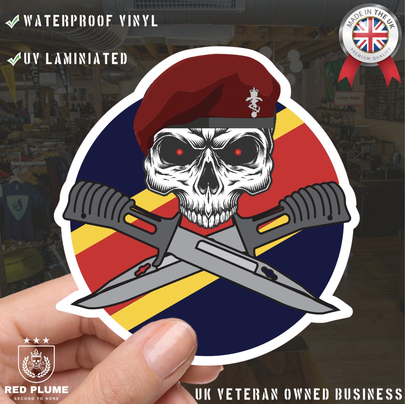 Airborne REME Car Decal - Stylish Skull and Crossed Bayonets Design redplume