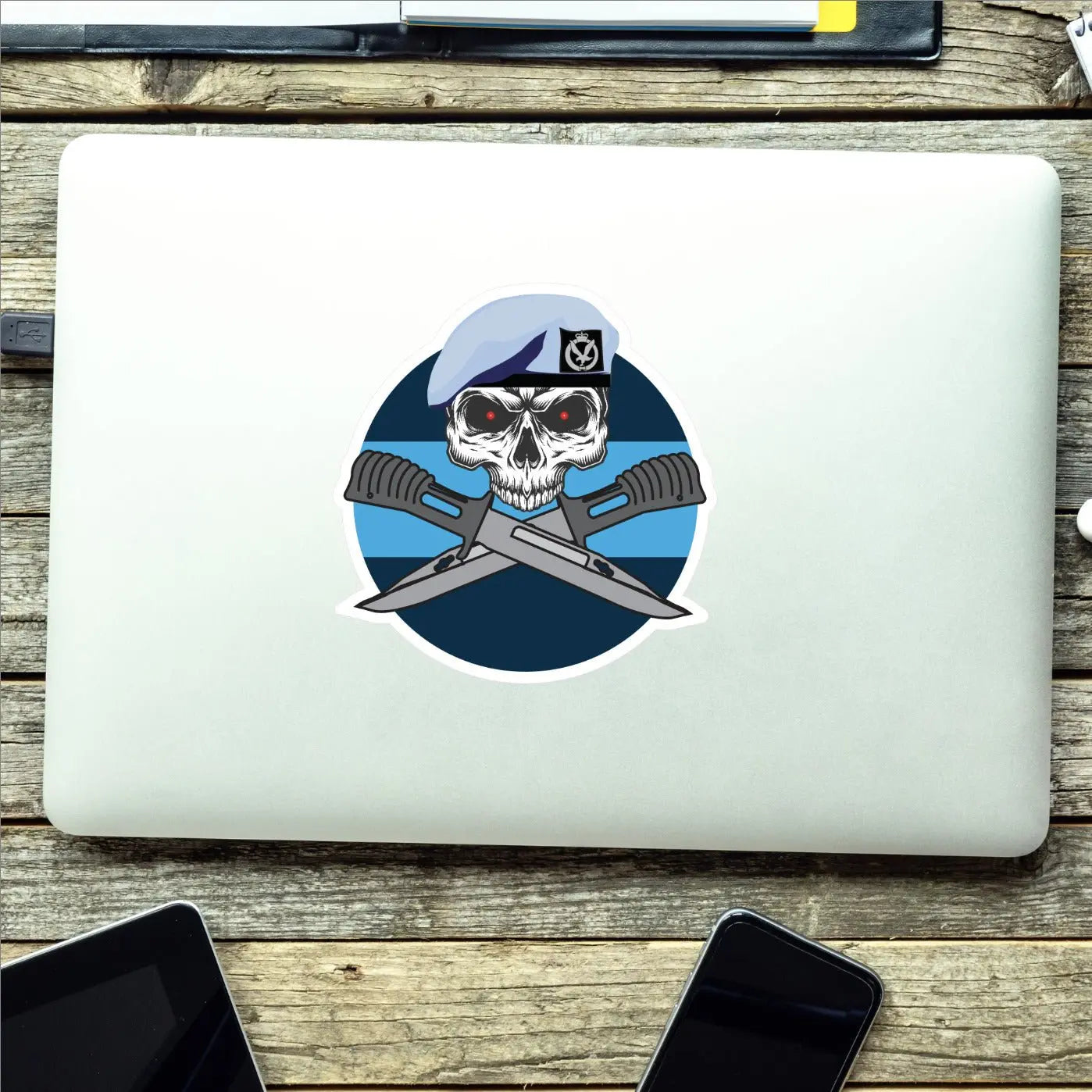 Army Air Corps Car Decal - Stylish Skull and Crossed Bayonets Design redplume