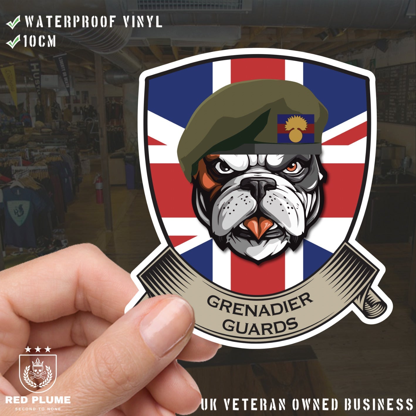Grenadier Guards British Bulldog and Union Jack Shield Vinyl Sticker - 10cm redplume