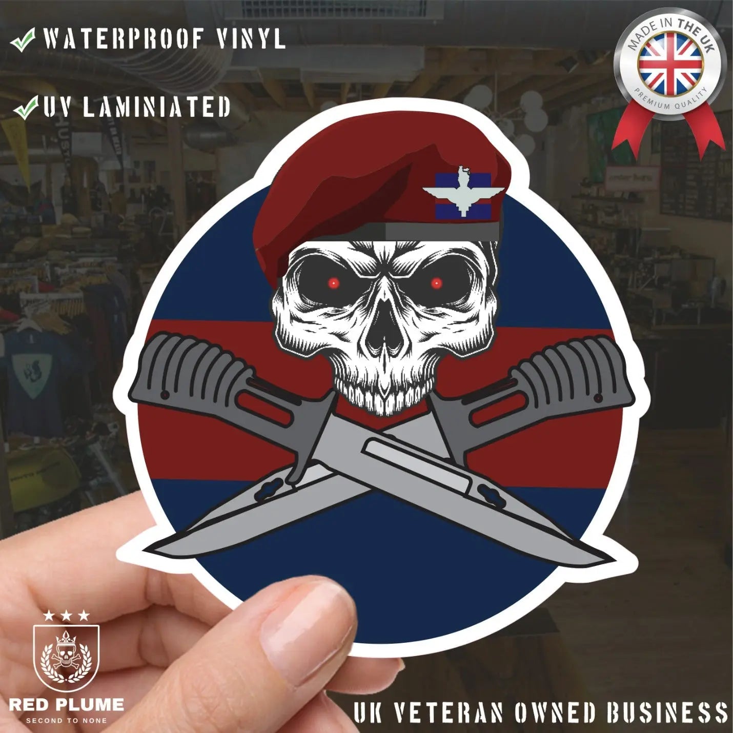 Guards Parachute Platoon Car Decal - Stylish Skull and Crossed Bayonets Design redplume