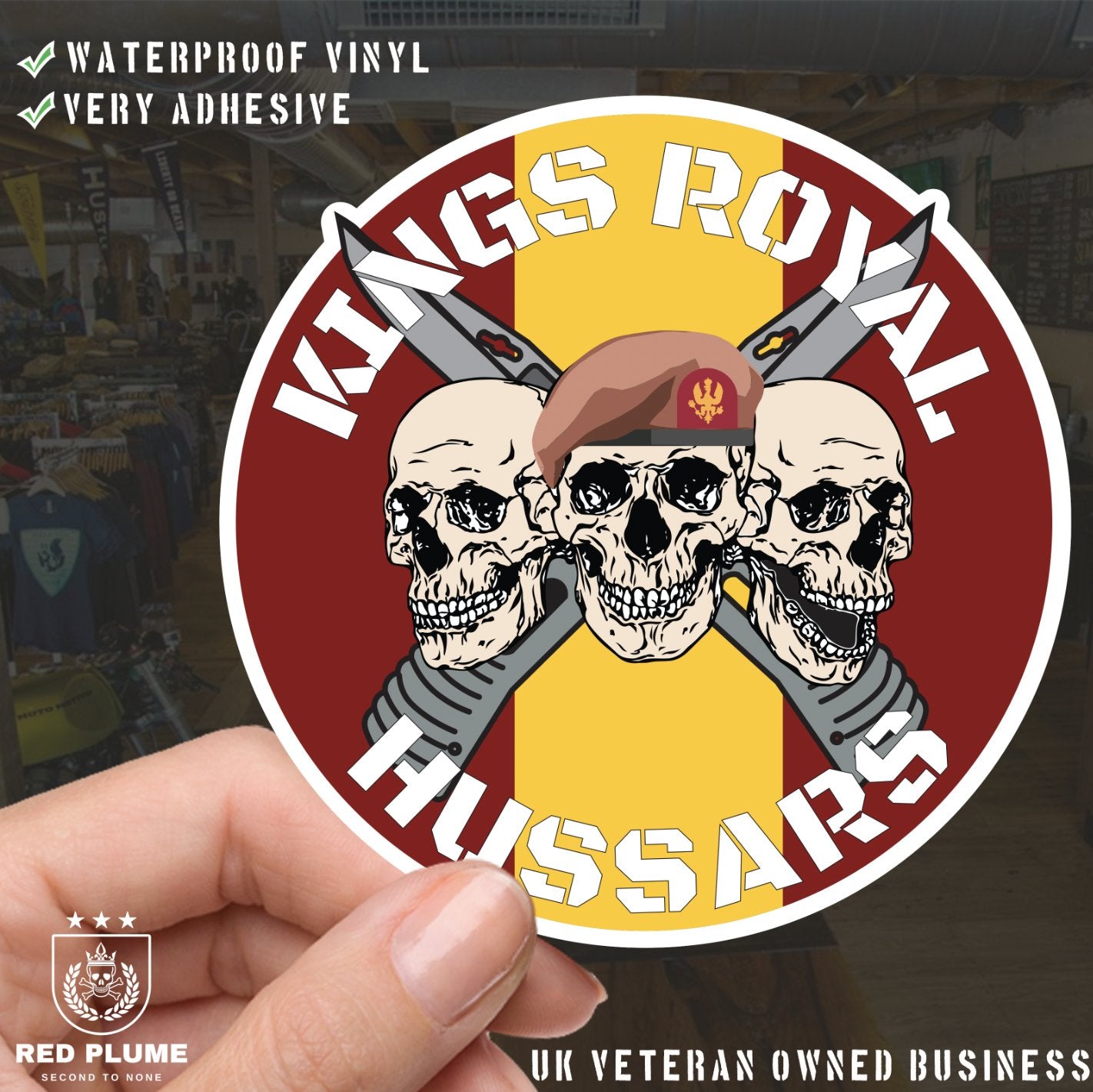 King's Royal Hussars KRH Waterproof Vinyl Stickers Three Skull Design redplume