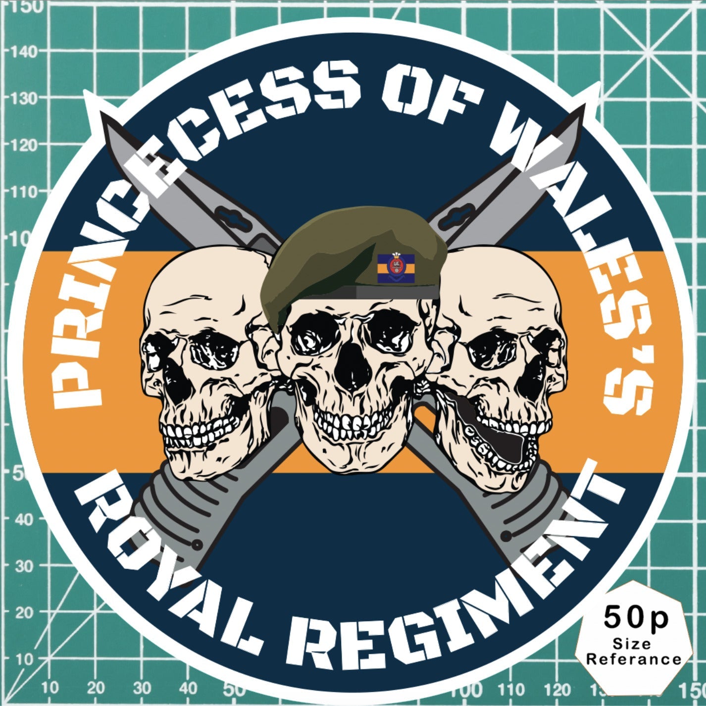 Princess of Wales's Royal Regiment Waterproof Vinyl Stickers Three Skull Design redplume