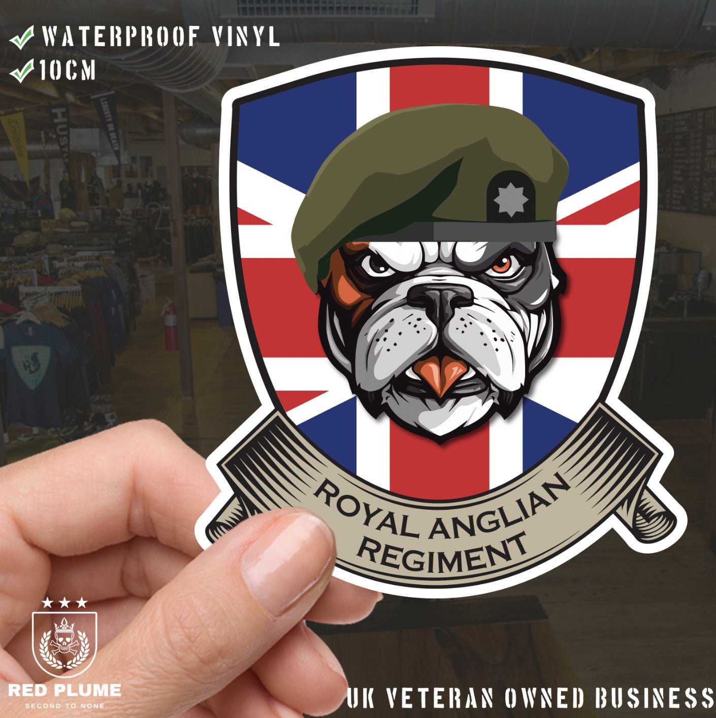 Royal Anglian British Bulldog and Union Jack Shield Vinyl Sticker - 10cm redplume