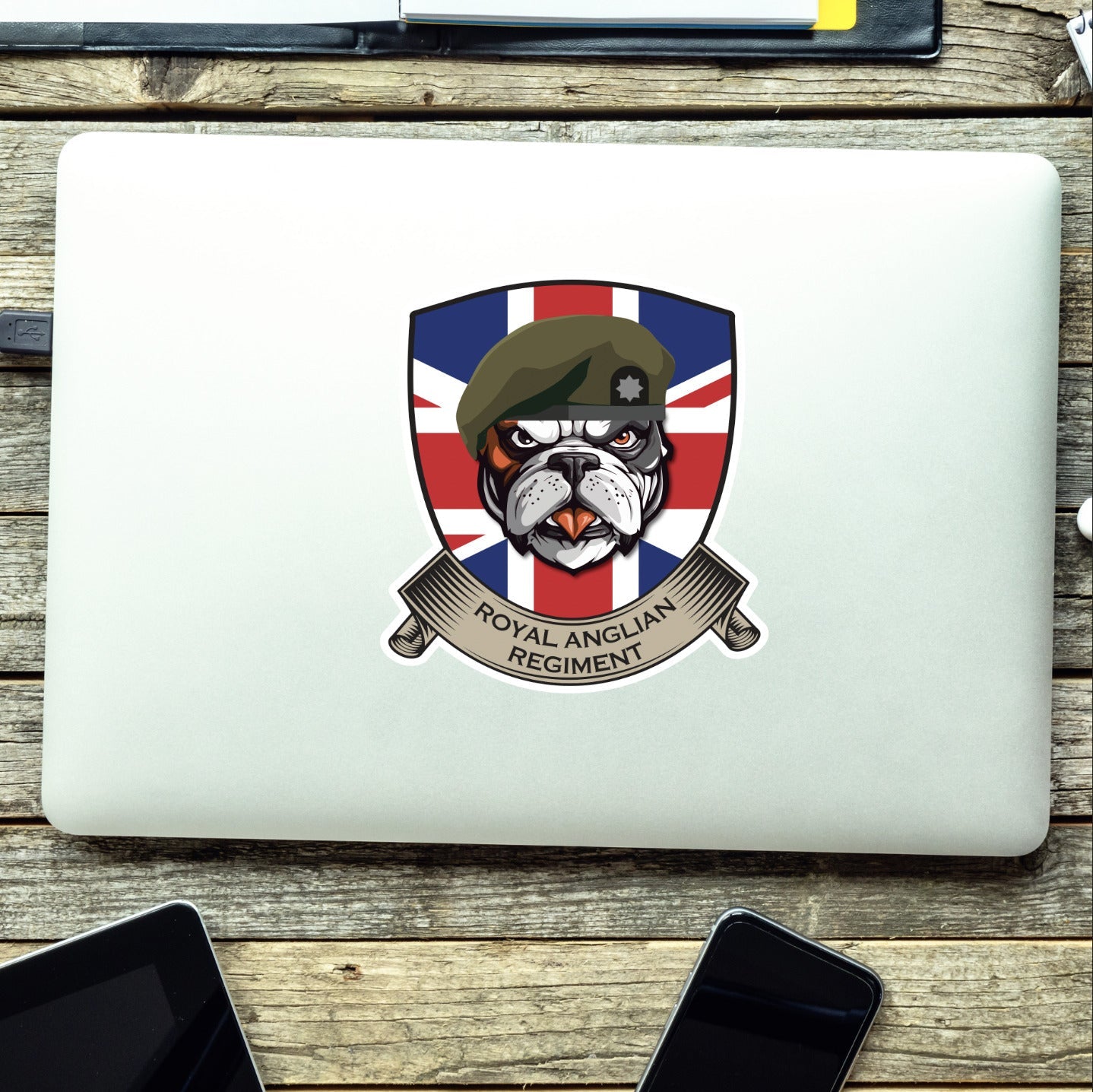 Royal Anglian British Bulldog and Union Jack Shield Vinyl Sticker - 10cm redplume