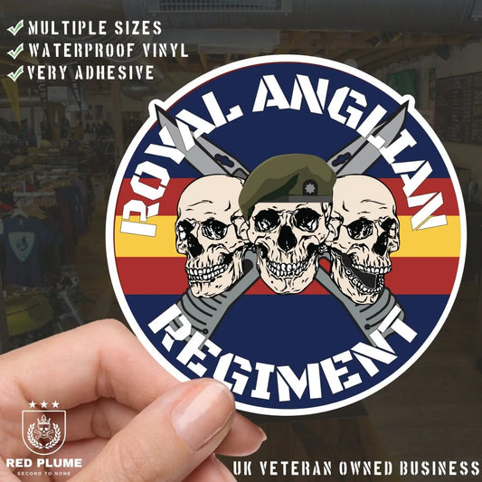 Royal Anglian Regiment Waterproof Vinyl Stickers Three Skull Design redplume
