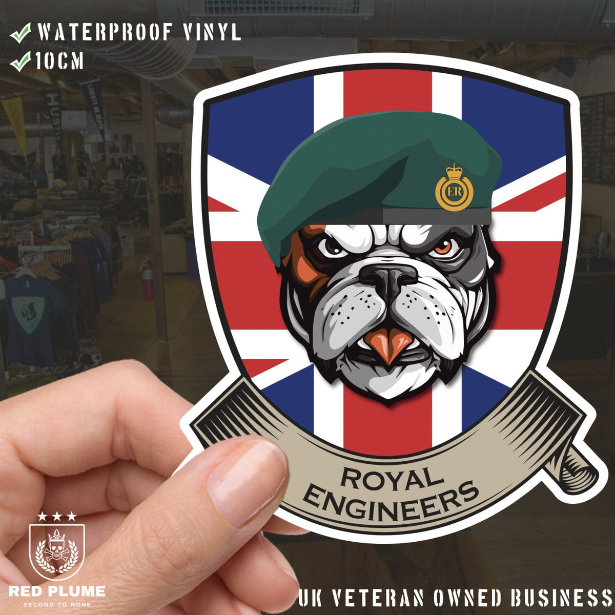 Royal Engineers Commando British Bulldog and Union Jack Vinyl Sticker - 10cm redplume