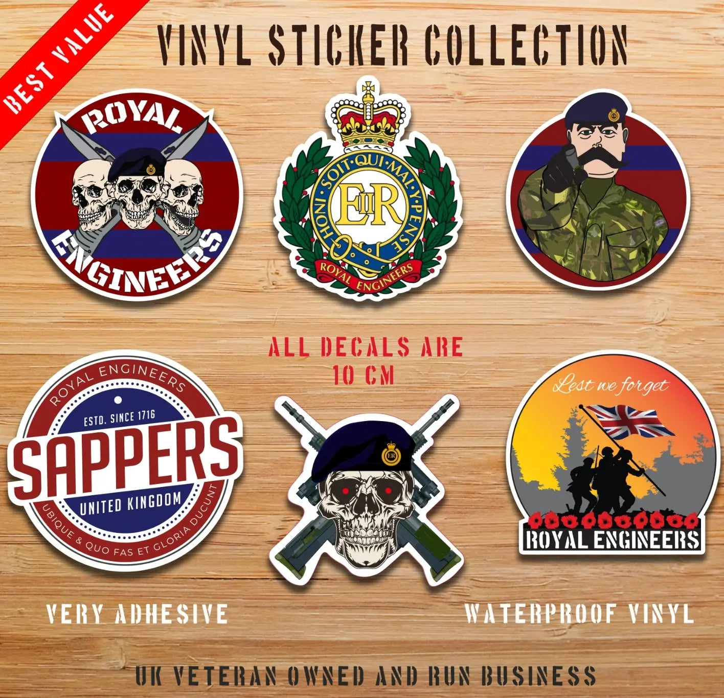 Royal Engineers ER Style - 6 Best-Selling Waterproof Stickers bundle redplume