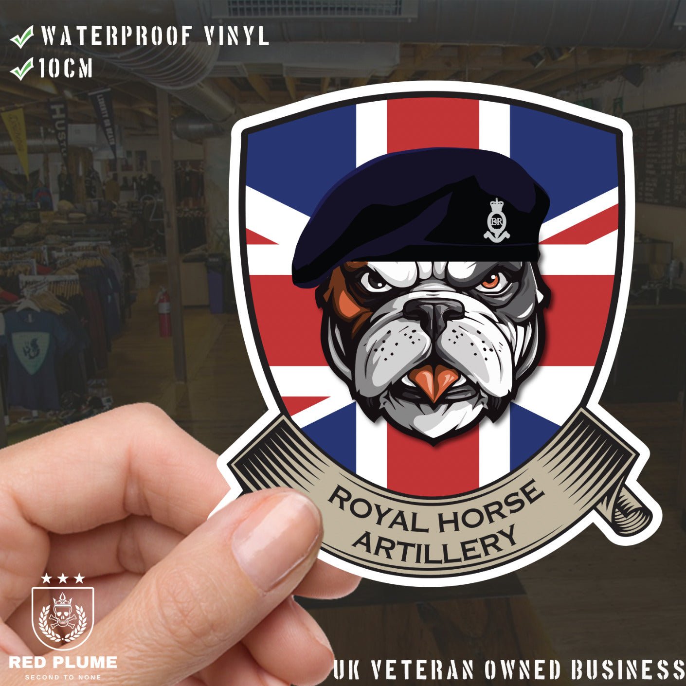 Royal Horse Artillery British Bulldog and Union Jack Shield Vinyl Sticker - 10cm redplume
