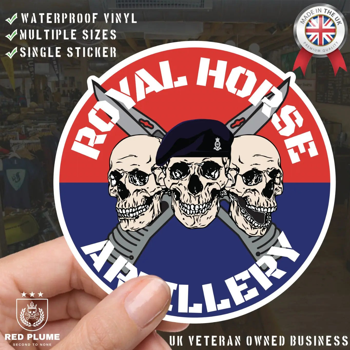 Royal Horse Artillery Waterproof Vinyl Stickers Three Skull Design redplume