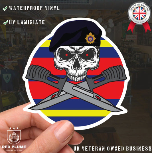 Royal Logistics Corps Car Decal - Stylish Skull and Crossed Bayonets Design redplume