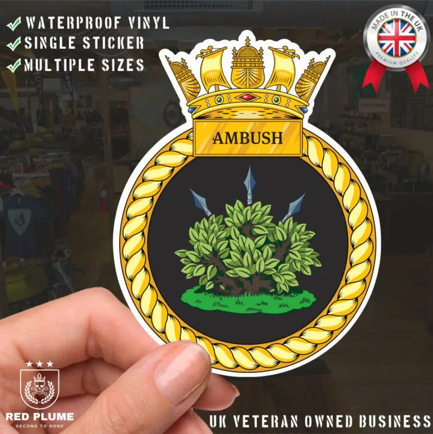 Royal Navy HMS Ambush Waterproof Vinyl Sticker - Multiple Sizes redplume
