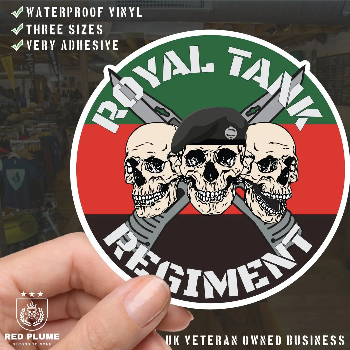 Royal Tank Regiment RTR Waterproof Vinyl Stickers Three Skull Design redplume