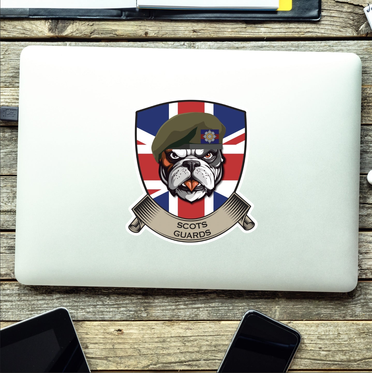 Scots Guards British Bulldog and Union Jack Shield Vinyl Sticker - 10cm redplume