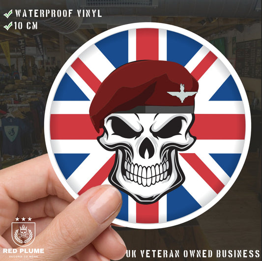 Skull with Parachute Regiment Beret UJ Vinyl Sticker - 10cm redplume