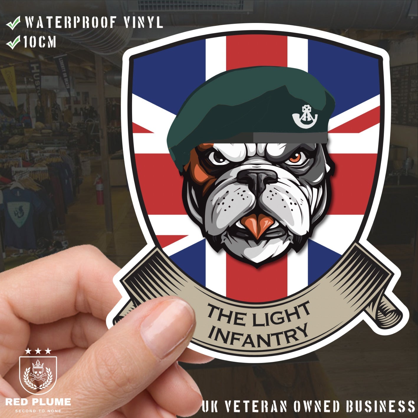 The Light Infantry British Bulldog and Union Jack Shield Vinyl Sticker - 10cm redplume