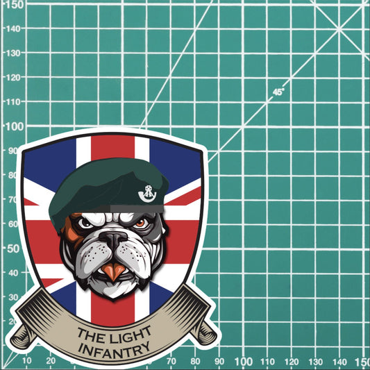 The Light Infantry British Bulldog and Union Jack Shield Vinyl Sticker - 10cm redplume