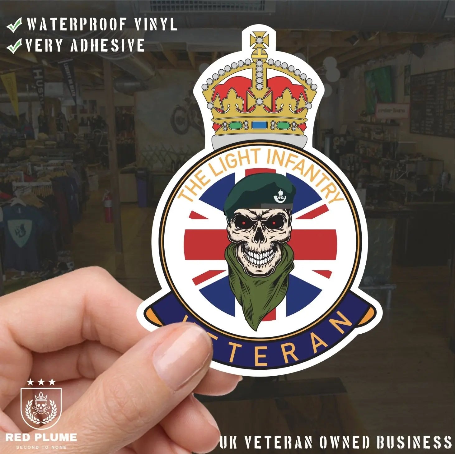 The Light Infantry Veteran UV Laminated Skull & Beret Decal redplume