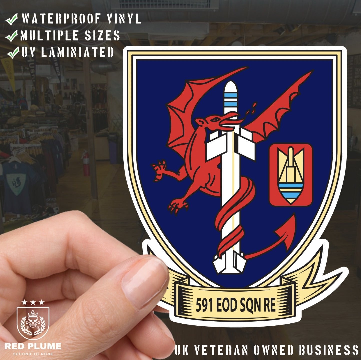 UV Laminated Royal Engineers 591 SQN EOD High-Quality Vinyl Sticker - 100mm redplume