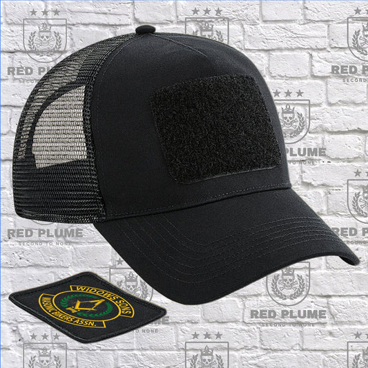 Versatile Snapback Trucker Hat with Interchangeable Widows Sons MBA Patch - Red Plume