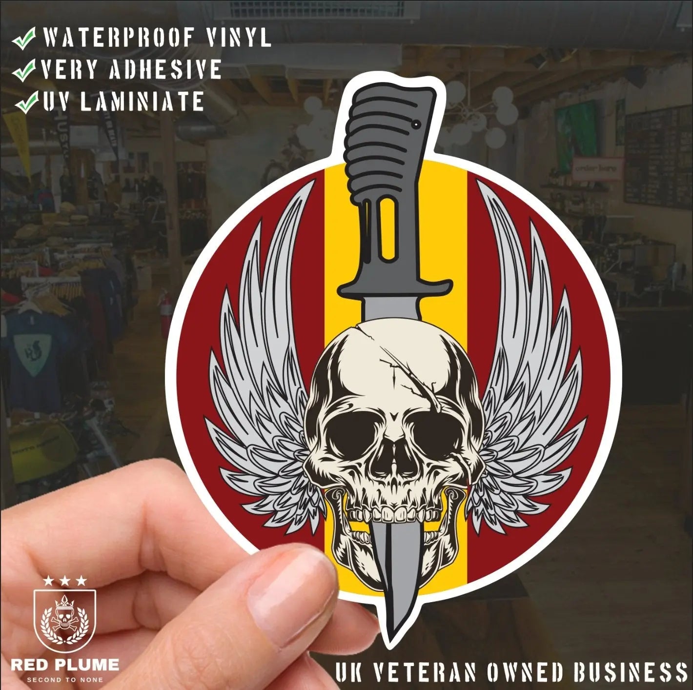 Waterproof Vinyl King's Royal Hussars KRH Sticker - Winged Skull redplume