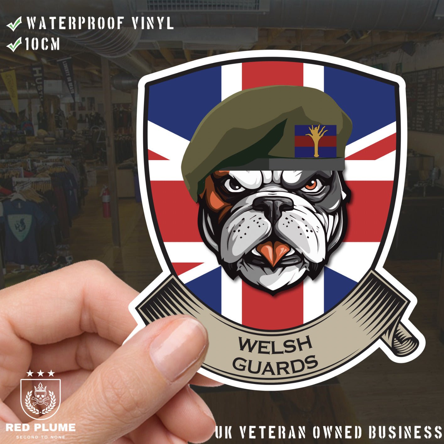 Welsh Guards British Bulldog and Union Jack Shield Vinyl Sticker - 10cm redplume