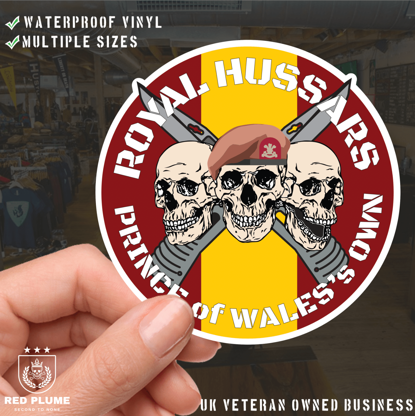 Royal Hussars P.W.O. Waterproof Vinyl Stickers Three Skulls - Red Plume
