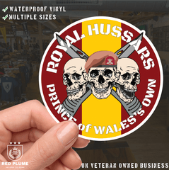 Royal Hussars P.W.O. Waterproof Vinyl Stickers Three Skulls - Red Plume