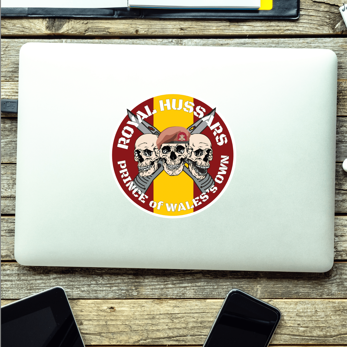 Royal Hussars P.W.O. Waterproof Vinyl Stickers Three Skulls - Red Plume
