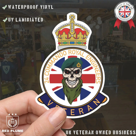 24 Commando Royal Engineers Veteran UV Laminated Skull & Beret Decal - Red Plume
