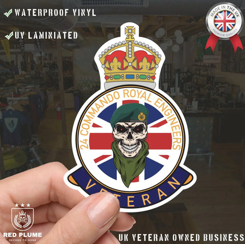 24 Commando Royal Engineers Veteran UV Laminated Skull & Beret Decal - Red Plume