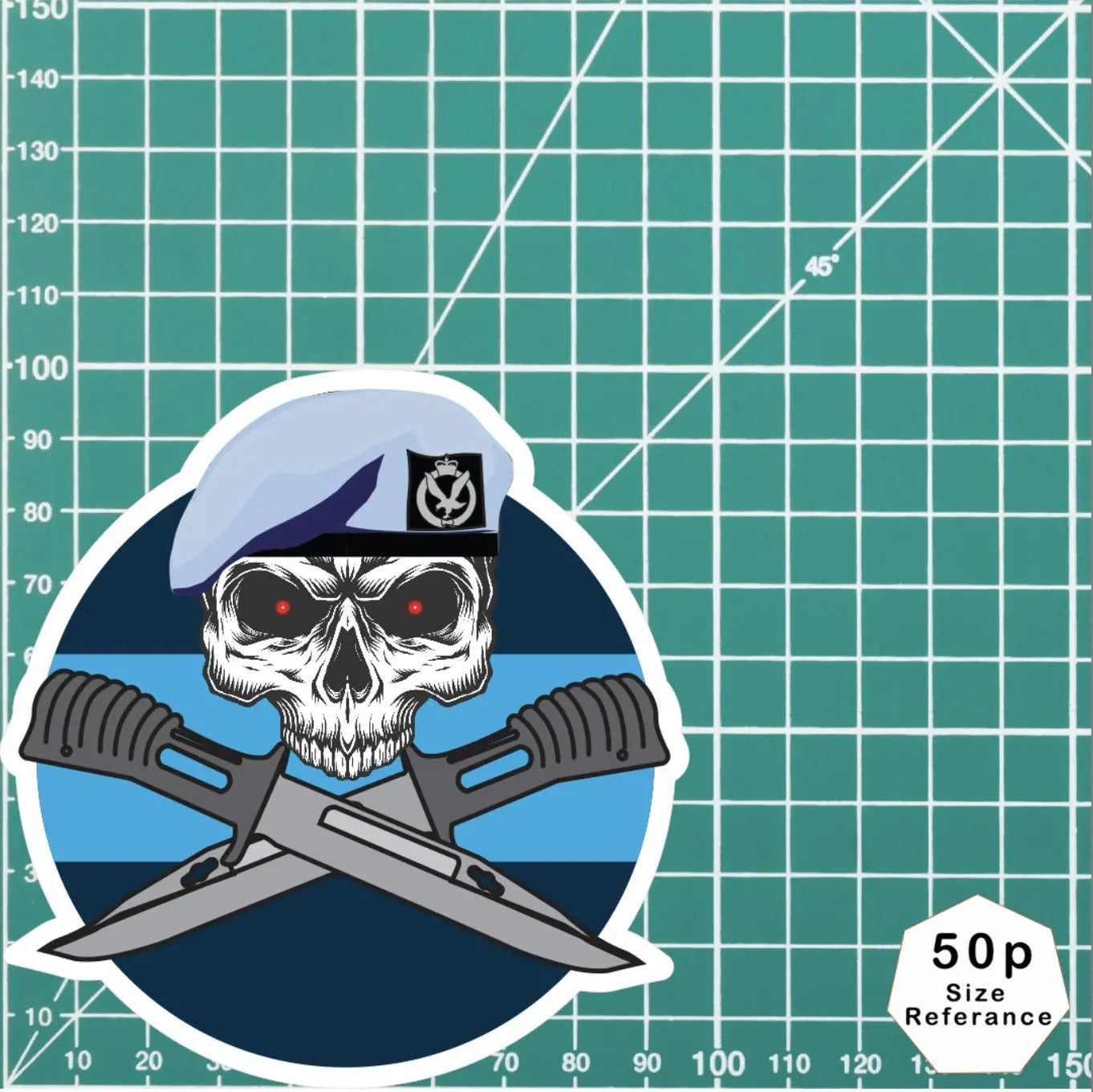 Army Air Corps Car Decal - Stylish Skull and Crossed Bayonets Design - Red Plume