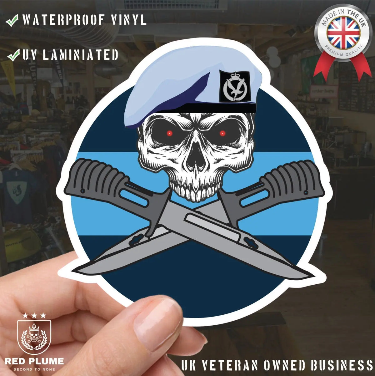 Army Air Corps Car Decal - Stylish Skull and Crossed Bayonets Design - Red Plume