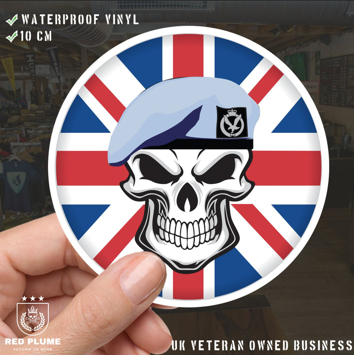 Army Air Corps Skull with Beret UJ Vinyl Sticker - 10cm redplume