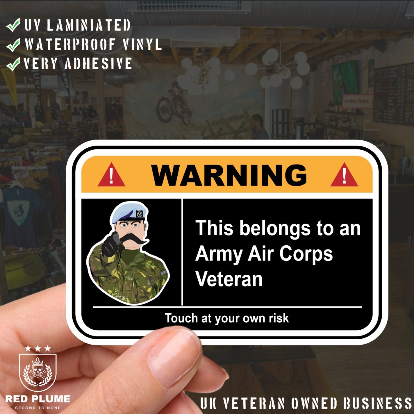 Army Air Corps Veteran Warning Funny Vinyl Sticker (100mm wide) - Red Plume