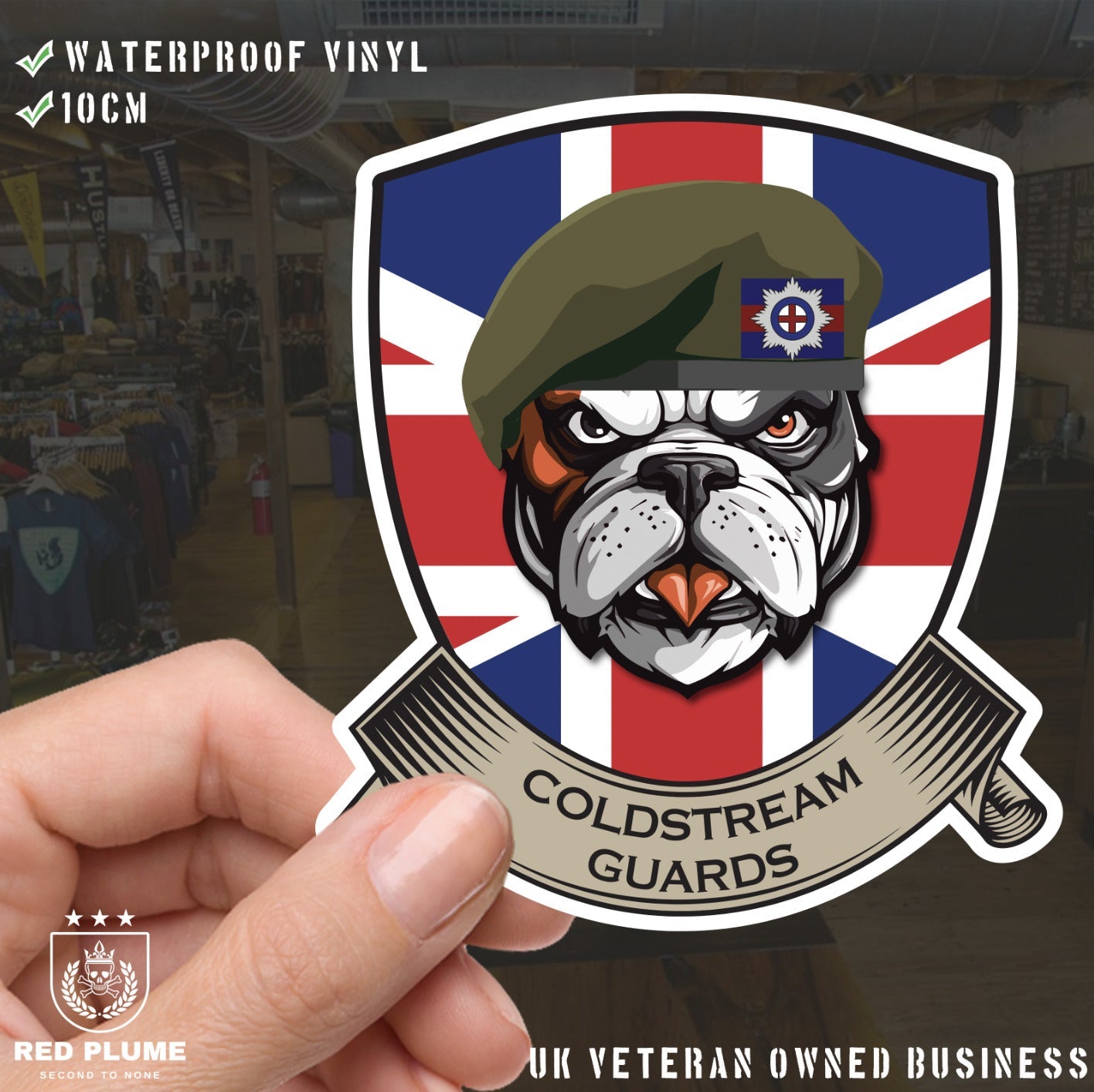 Coldstream Guards British Bulldog and Union Jack Shield Vinyl Sticker - 10cm redplume