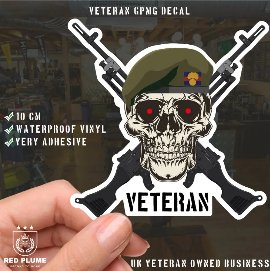 Grenadier Guards Crossed GPMG High-Quality Vinyl Sticker - 100mm - Red Plume