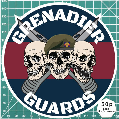 Grenadier Guards Waterproof Vinyl Stickers Three Skull Design - Red Plume