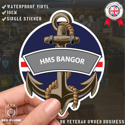 HMS Bangor Royal Navy Waterproof Vinyl Sticker - Red Plume
