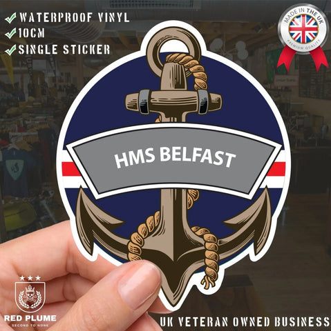 HMS Belfast Royal Navy Waterproof Vinyl Sticker - Red Plume