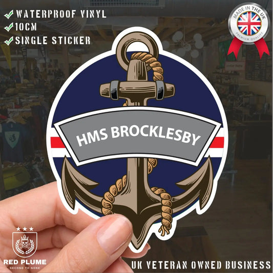 HMS Brocklesby Royal Navy Waterproof Vinyl Sticker - Red Plume