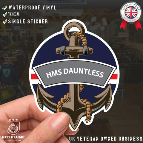 HMS Dauntless Royal Navy Waterproof Vinyl Sticker - Red Plume