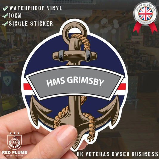 HMS Grimsby Royal Navy Waterproof Vinyl Sticker - Red Plume