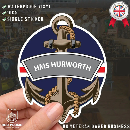 HMS Hurworth Royal Navy Waterproof Vinyl Sticker - Red Plume