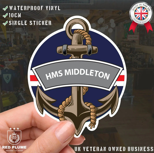 HMS Middleton Royal Navy Waterproof Vinyl Sticker - Red Plume