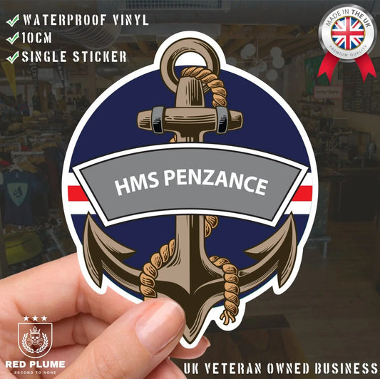 HMS Penzance Royal Navy Waterproof Vinyl Sticker - Red Plume