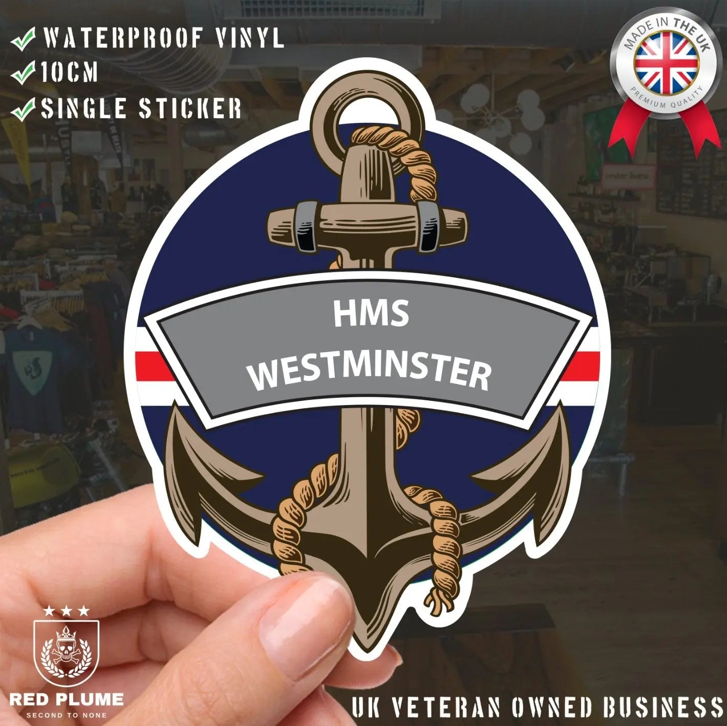 HMS Westminster Royal Navy Waterproof Vinyl Sticker - Red Plume
