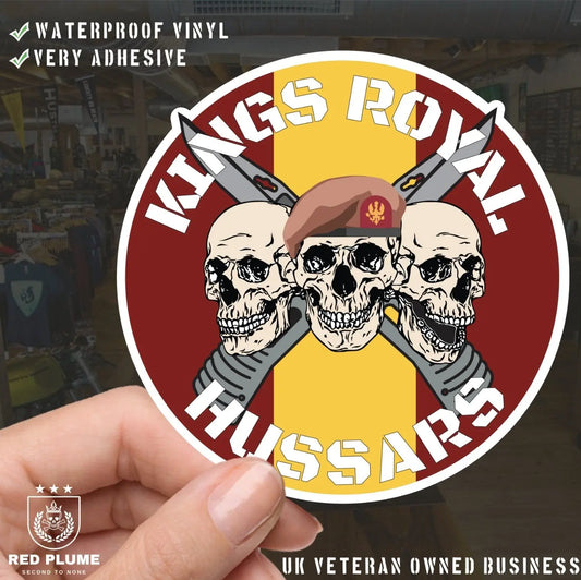 King's Royal Hussars (KRH) Waterproof Vinyl Stickers Three Skull Design - Red Plume